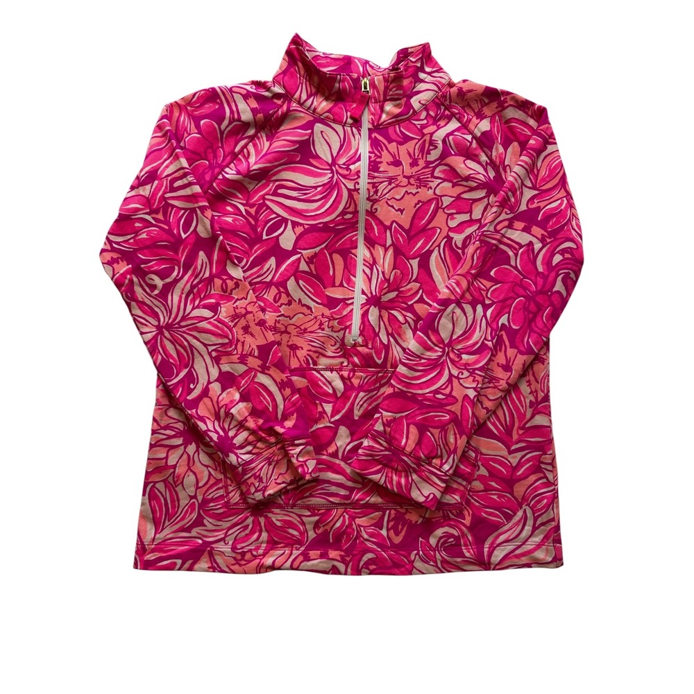 Lilly Pulitzer Girls Pink Floral Tropical Cat Quarter Zip Pullover Size L XL